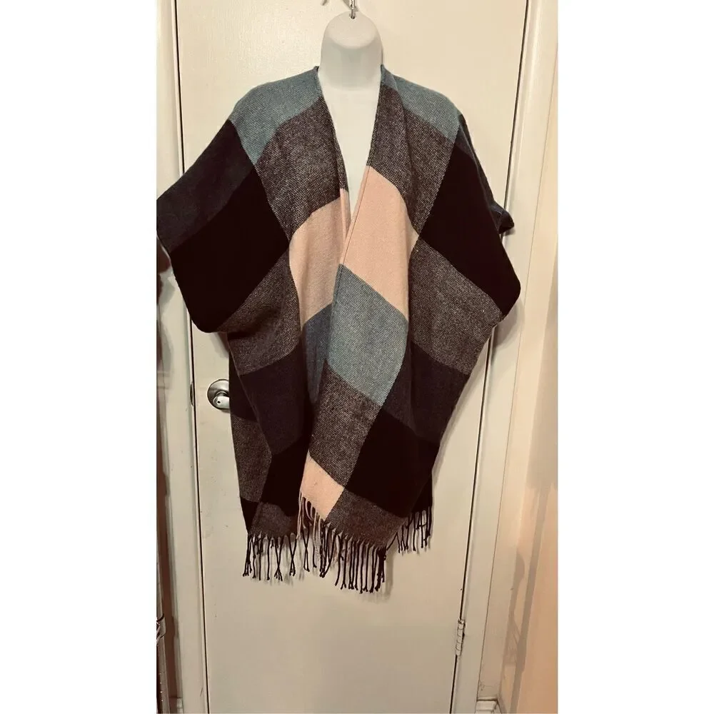 Ann Taylor Loft Pink Gray Blue Plaid Poncho Shawl Wrap One SIze